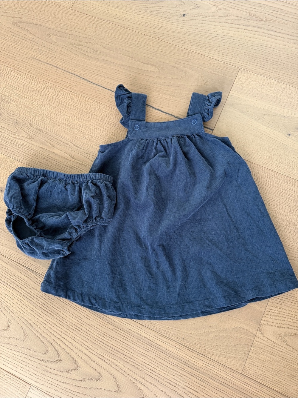 Angel Dear Navy Blue Corduroy Ruffle Strap Dress with Bloomers